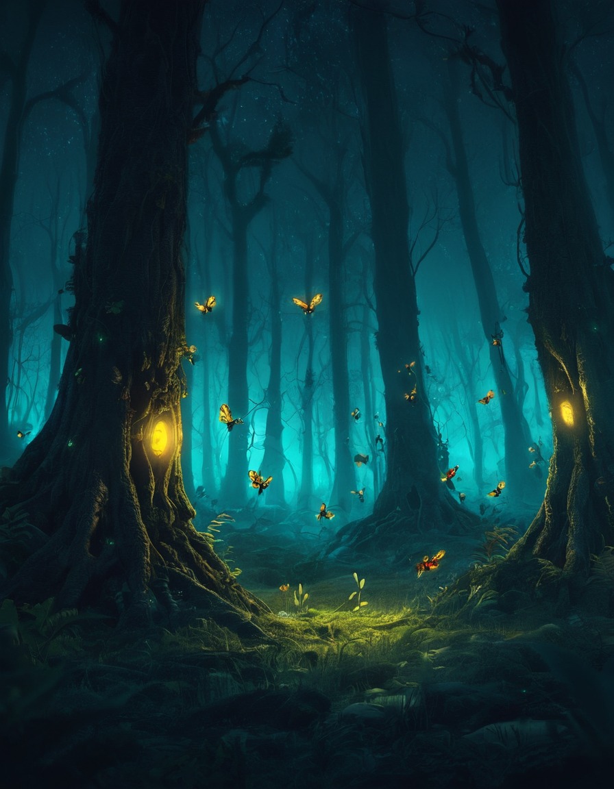 mystical, forest, talking trees, glowing insects, nighttime, john tolkien, tolkien