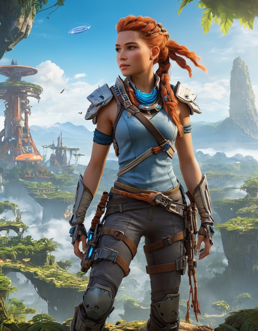 futuristic, landscape, aloy, horizon zero dawn, mechanical, jungle, adventure, games, girls from games