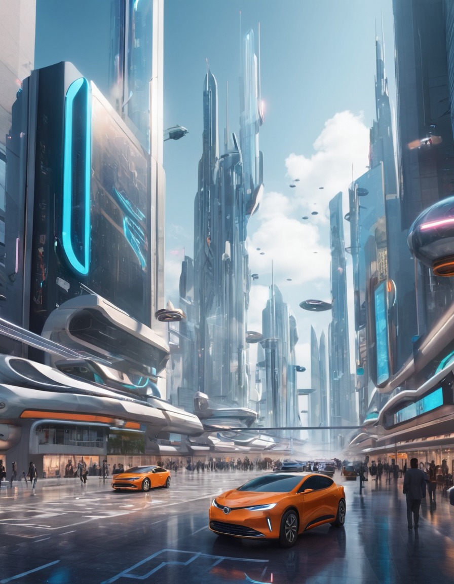 futuristic, cityscape, technology, interactive displays, self-driving cars, modern city, city