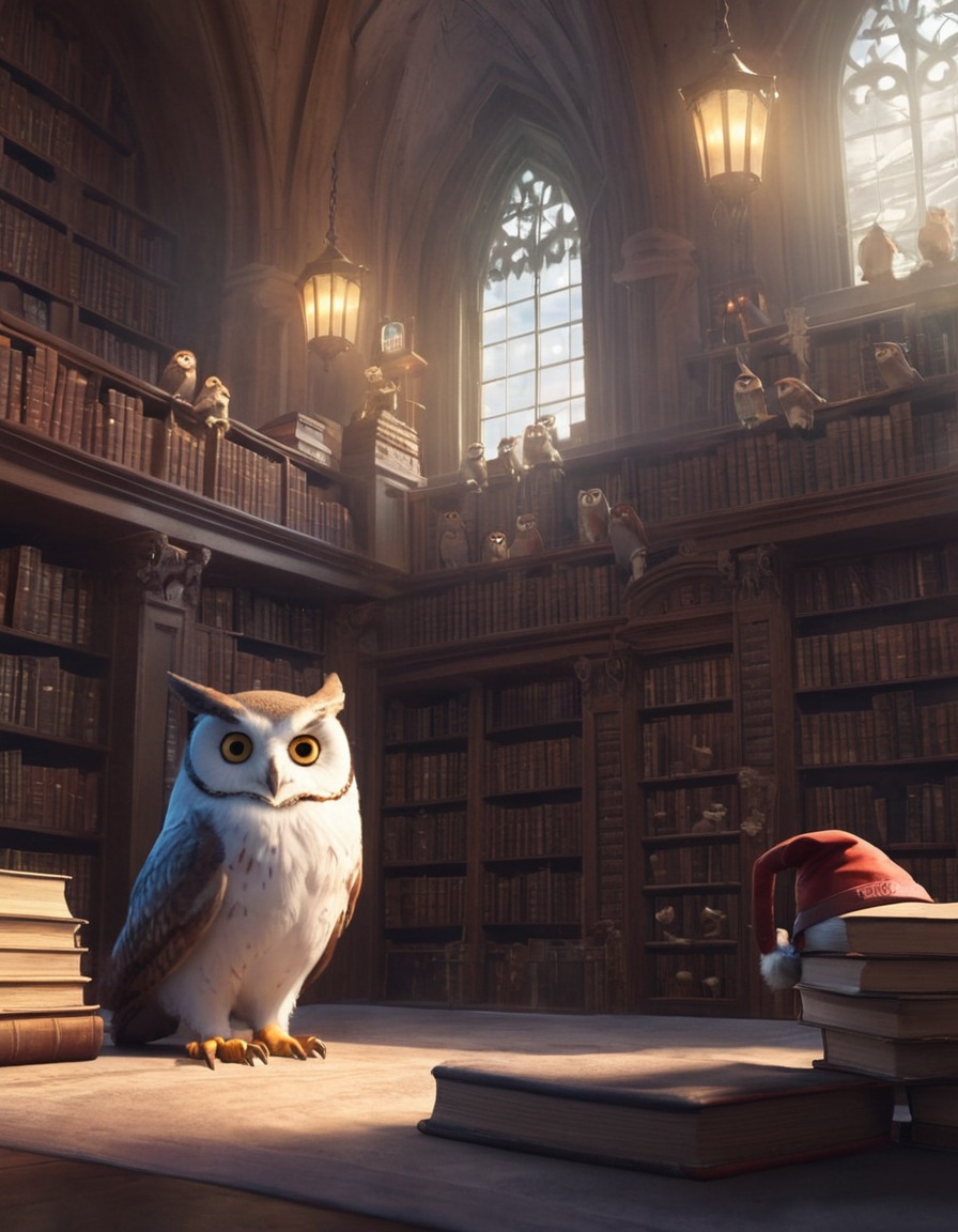 library, owl, gnome, books, wisdom, fantastic