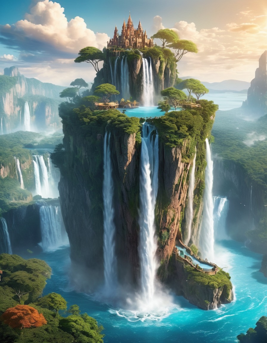 floating island, sky, waterfalls, fantasy, mystical, scenery