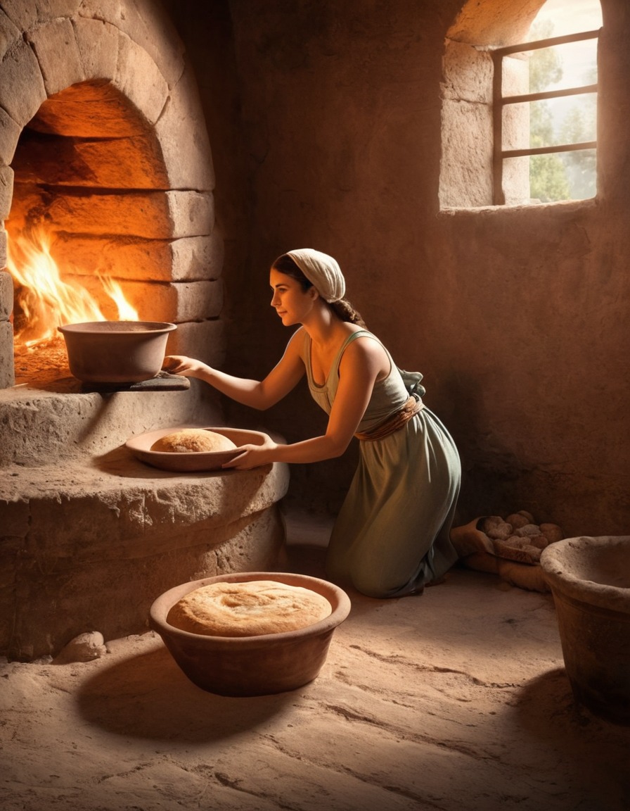 ancient rome, woman, baking, bread, clay oven, food history, 150 ad