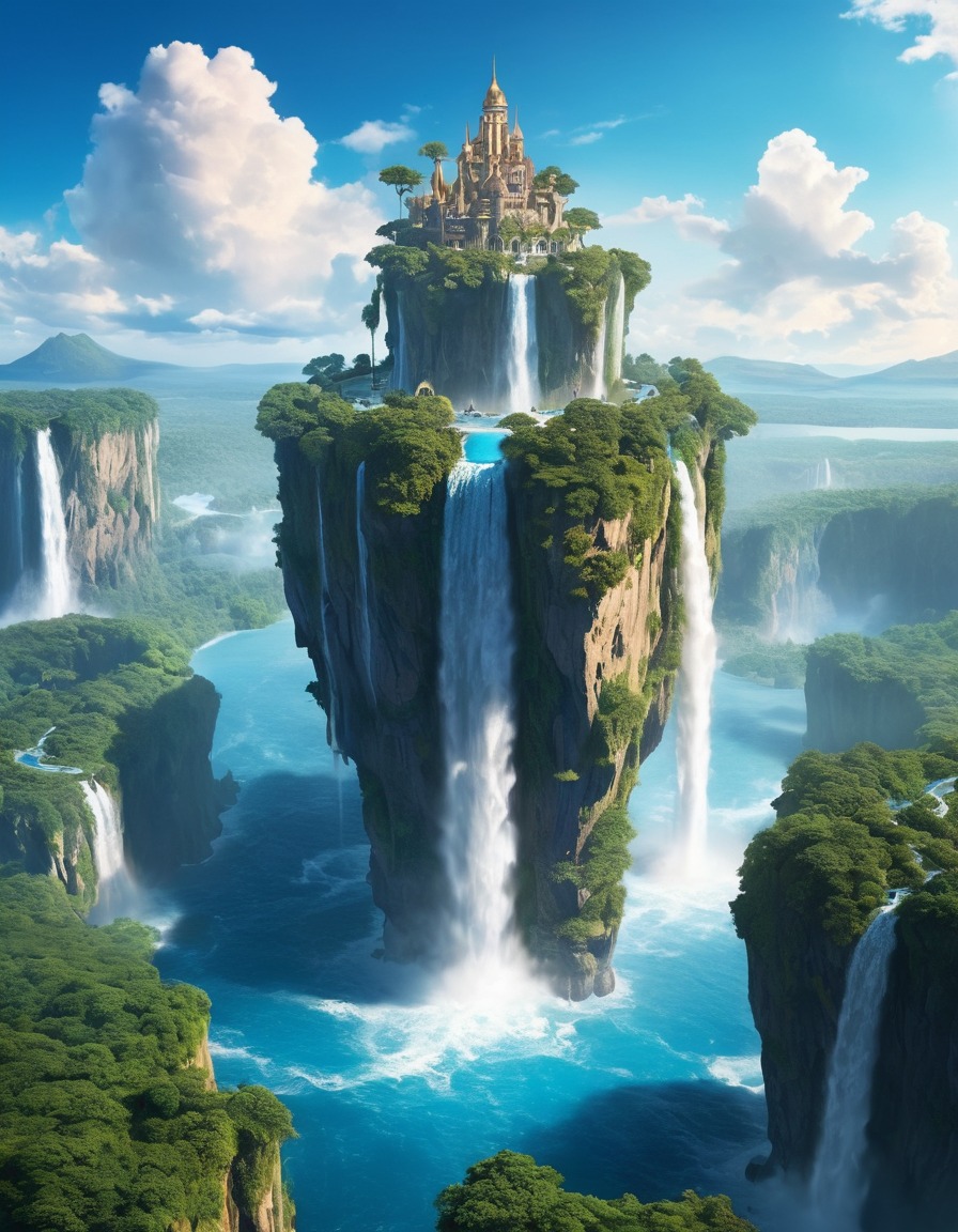 floating island, sky, waterfalls, fantasy, scenic, magical, nature