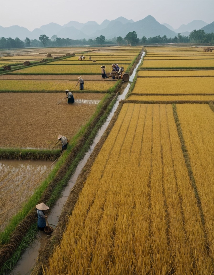 ancient agriculture, rice farming, flooded fields, harvesting techniques, ancient china, tang dynasty, 700 ad