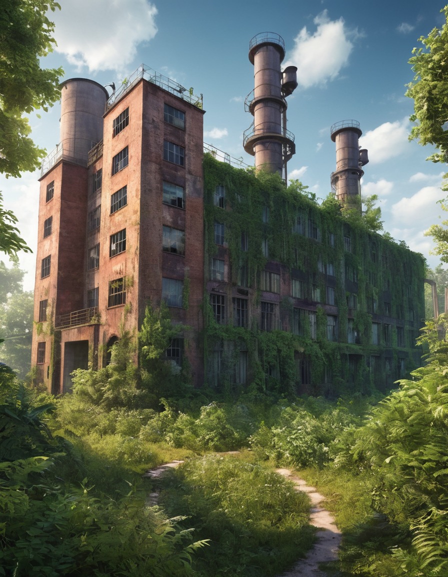 abandoned factory, overgrown vegetation, urban decay, industrial, nature reclaiming, urban wilderness, abandoned building