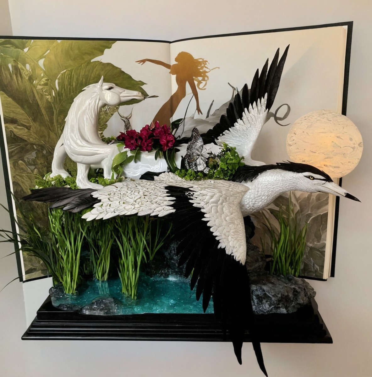 sculpture, bird, book, crane, diorama, miniature