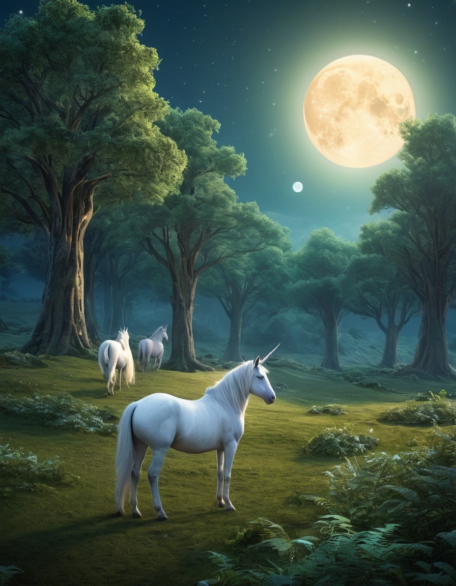 forest glade, unicorns, moonlight, peaceful, fantasy, magical creatures