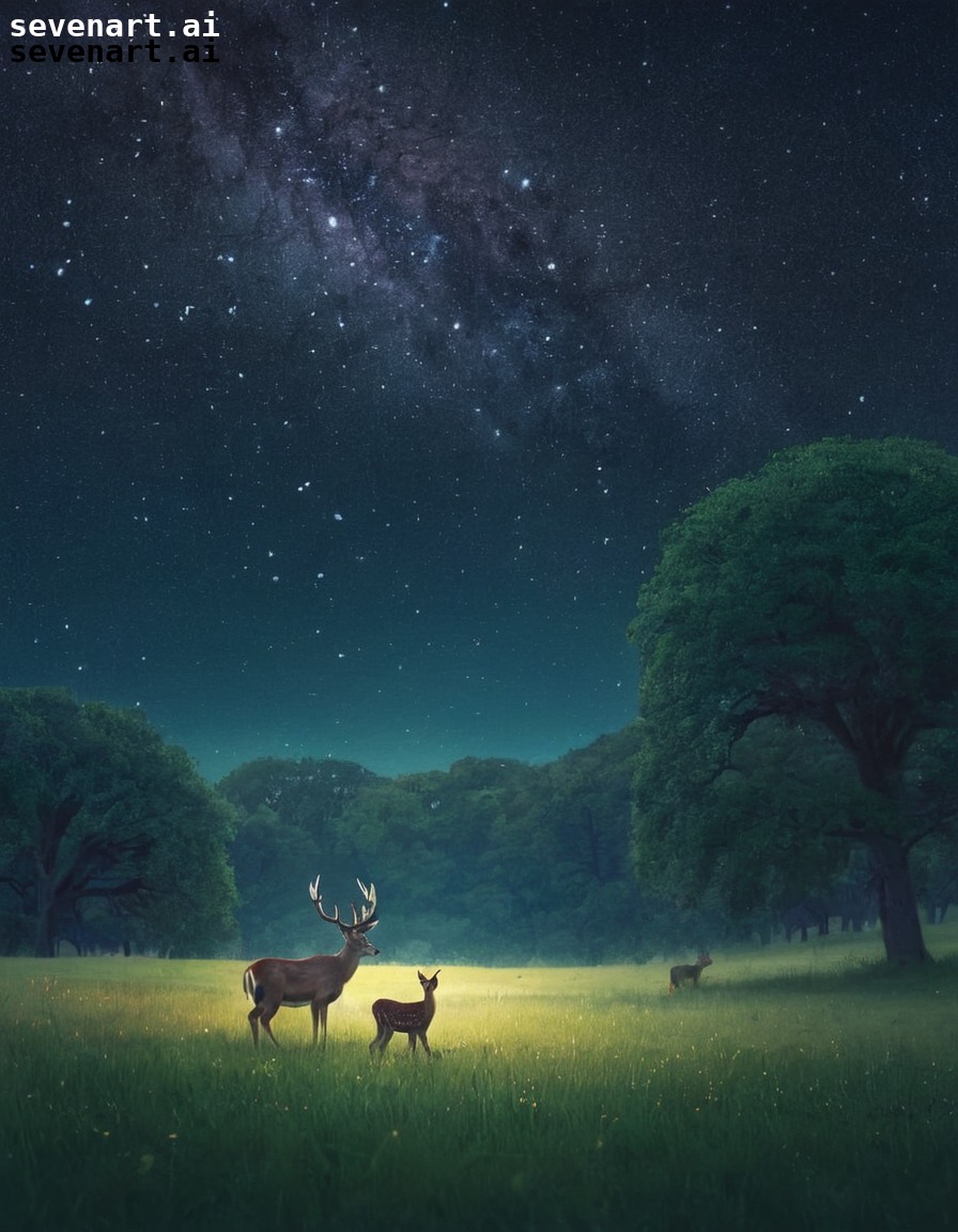 meadow, deer, stars, night, peaceful, nature