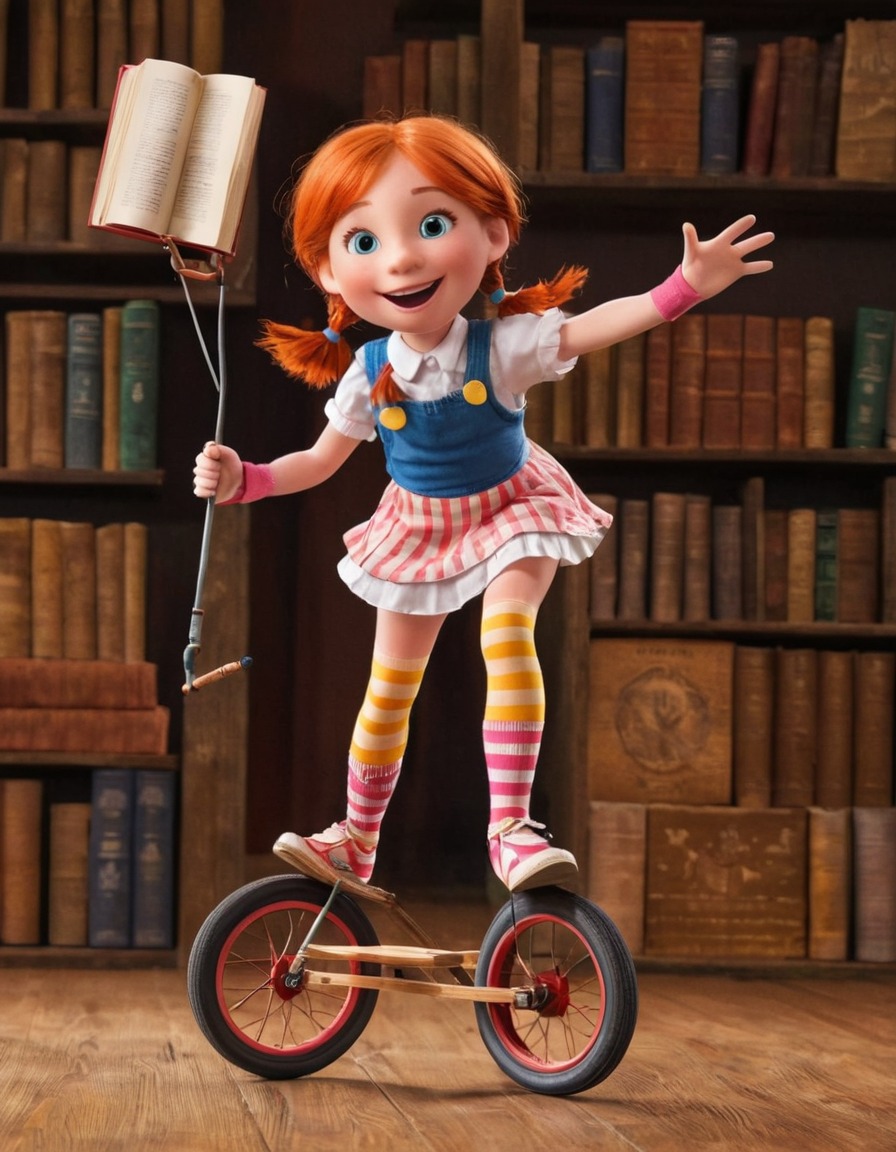 pippi longstocking, unicycle, juggling, books, mismatched socks, adventure