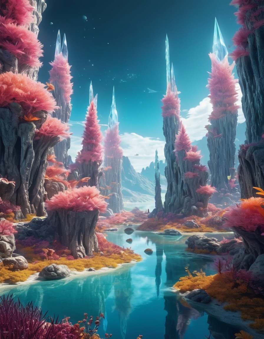 surreal, landscape, crystal formations, alien beings, floating plants, extraterrestrial, aliens