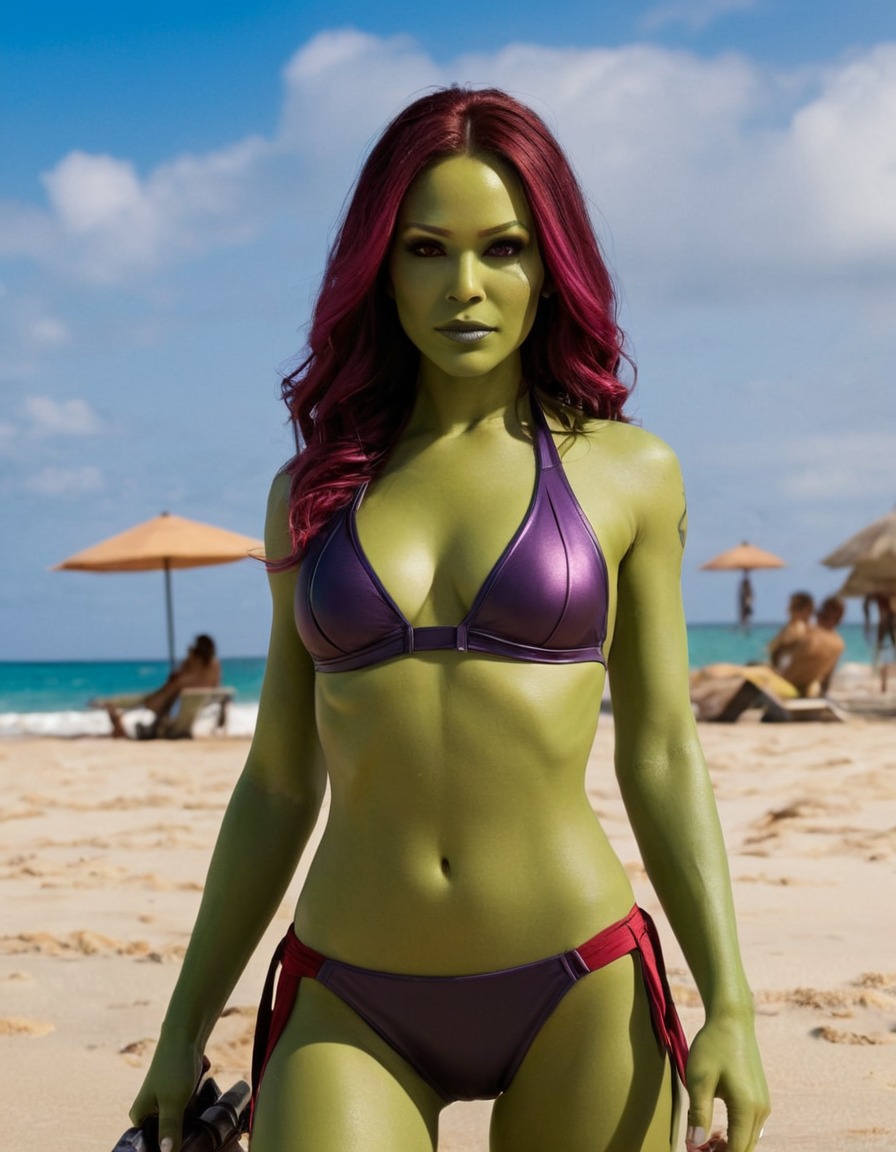 beach, swimsuit, gamora, guardians of the galaxy, marvel, superhero