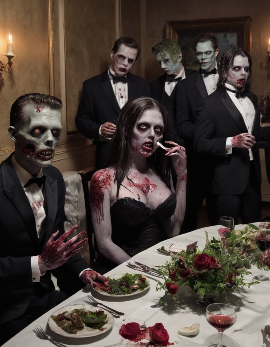 zombie, formal dinner party, undead, humor