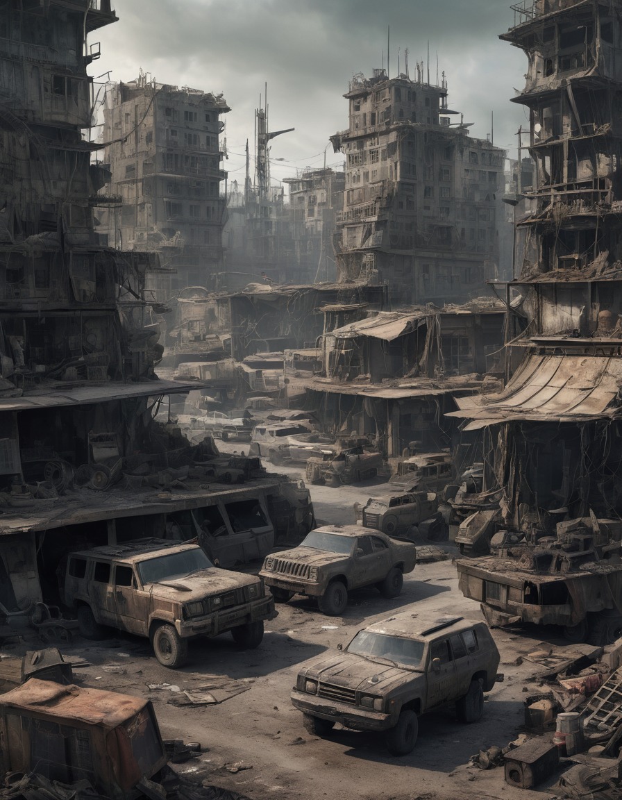 post-apocalyptic, cityscape, makeshift vehicles, makeshift structures, mad max