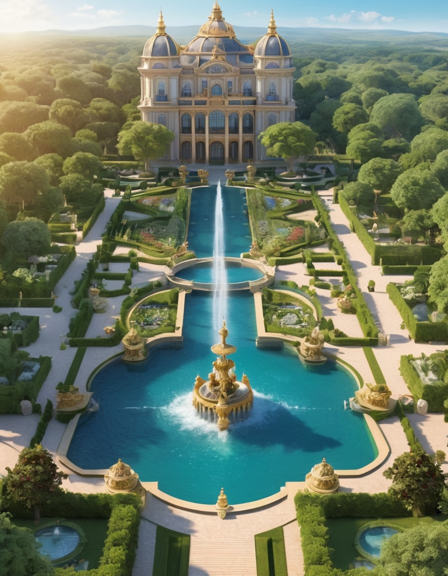 baroque palace, ornate gardens, fountains, architecture, landmark