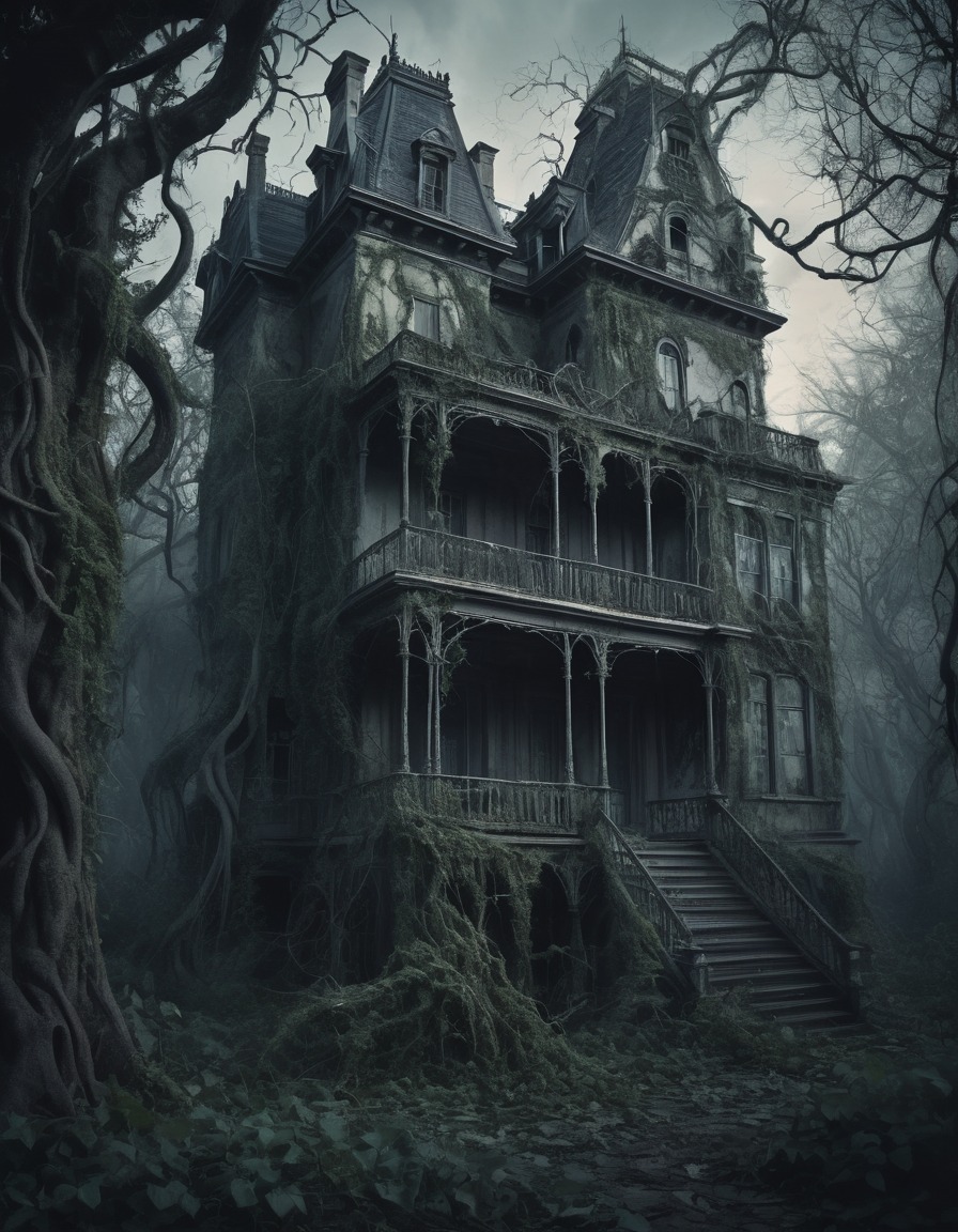 haunted mansion, twisted trees, overgrown vines, spooky, creepy, haunted house, gothic, underground, dark