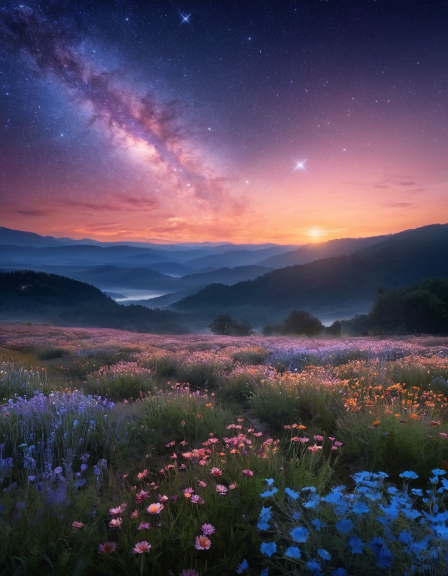 celestial, field, dusk, starlight flowers, celestial spirits, twilight, fantastic