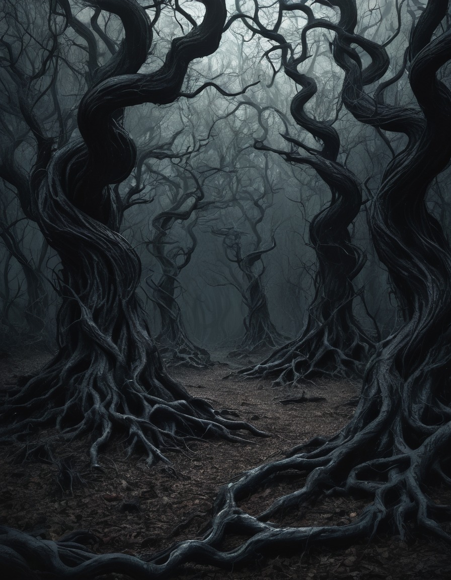 dark, ominous, sinister, twisted trees, mysterious, eerie, whispers, gothic, underground