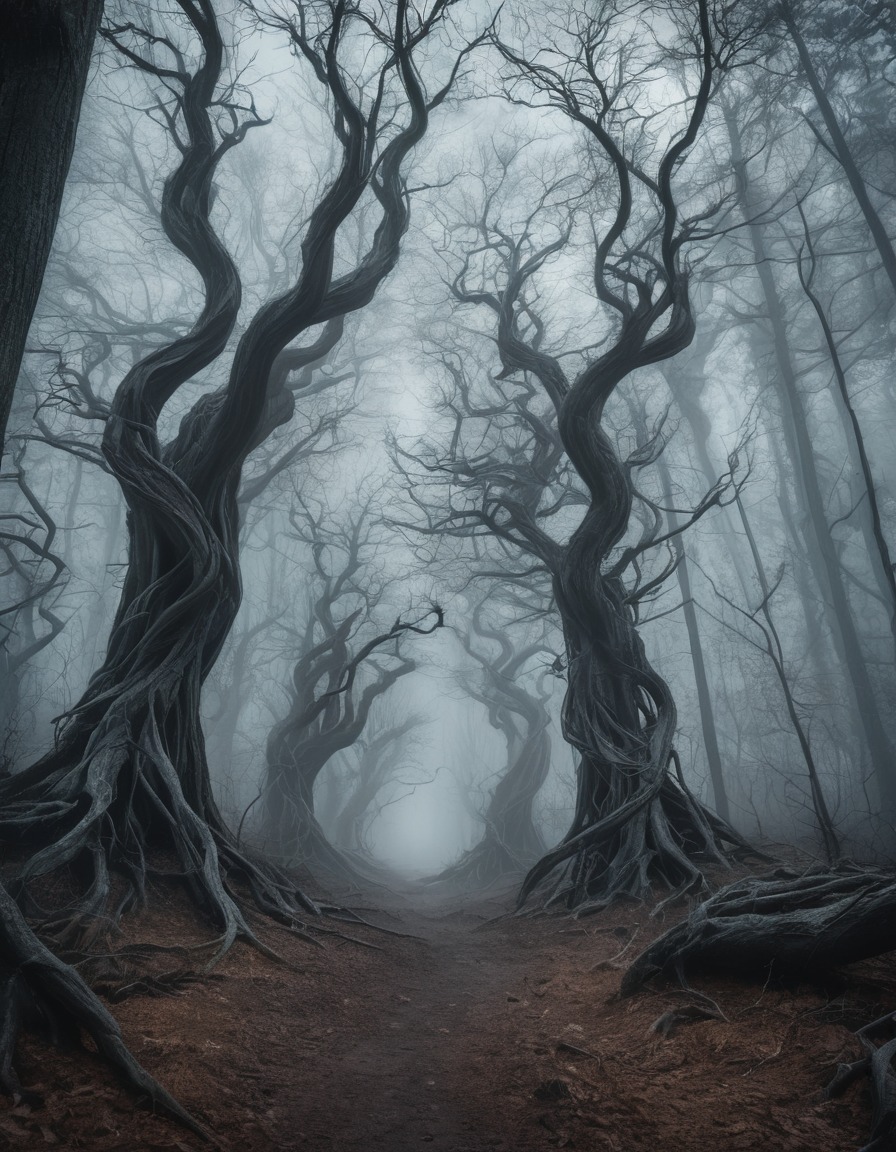 forest, eerie, twisted trees, fog, nature, spooky, gothic, underground, dark