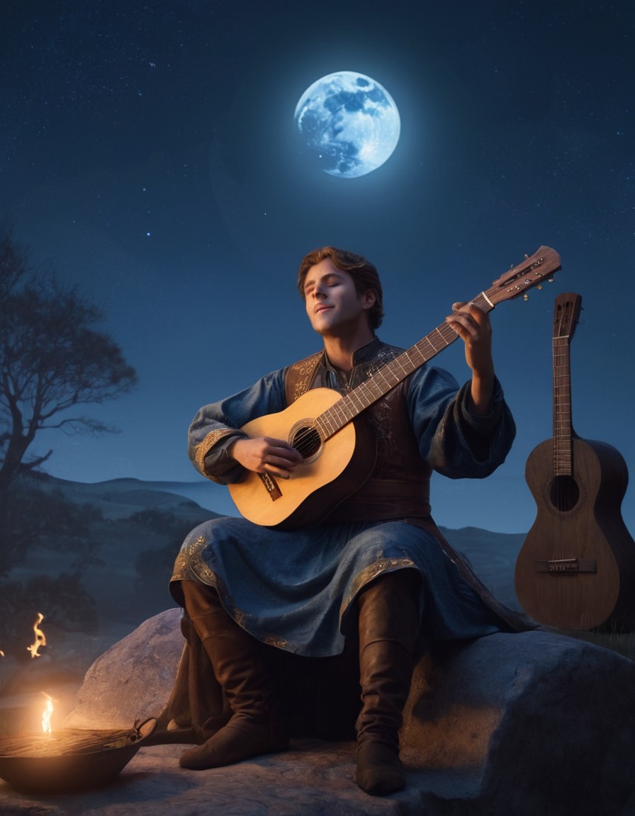 music, troubadour, lute, ballads, moonlit night, middle ages