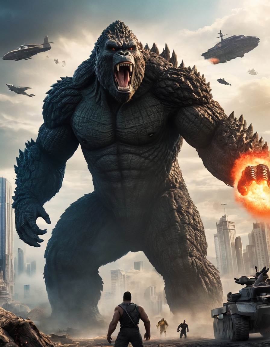 godzilla, king kong, battle, futuristic city, kong