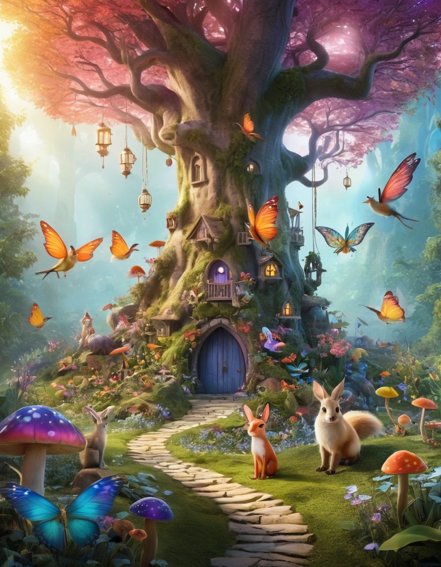 enchanted forest, colorful animals, talking animals, fairies, fantastic