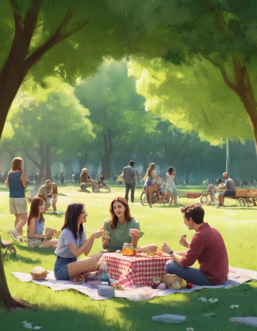 friends, picnic, urban park, leisure, outdoors, modern city, city