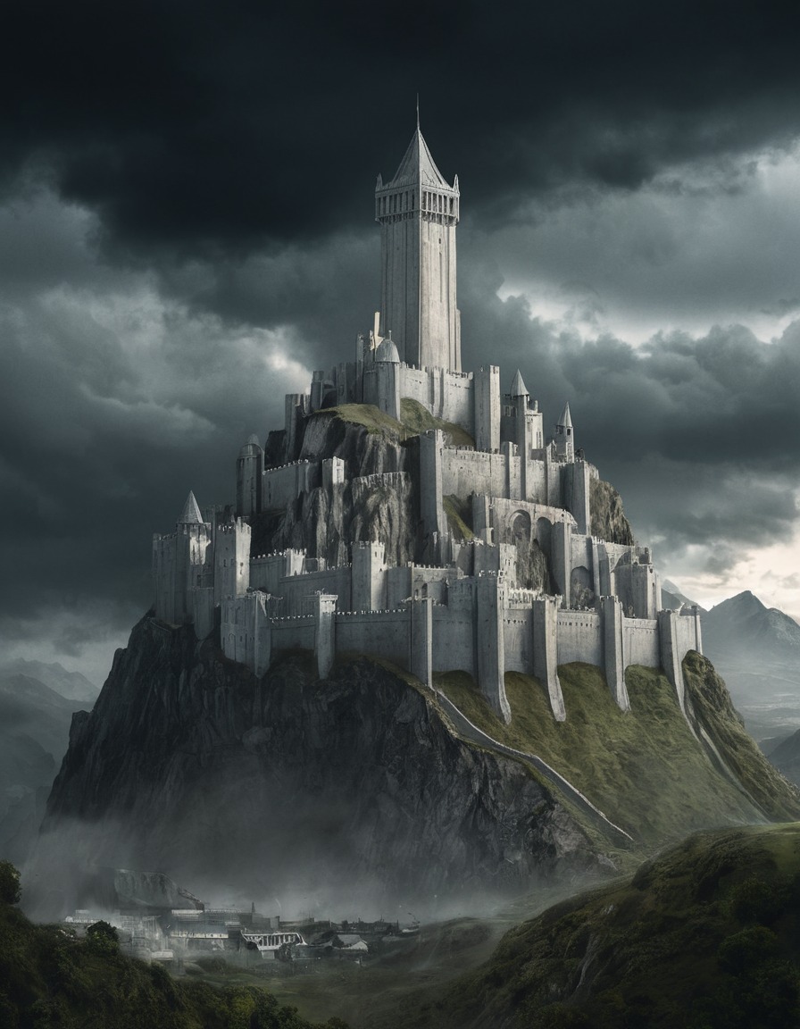 The majestic city of Minas Tirith standing tall against a stormy sky ...