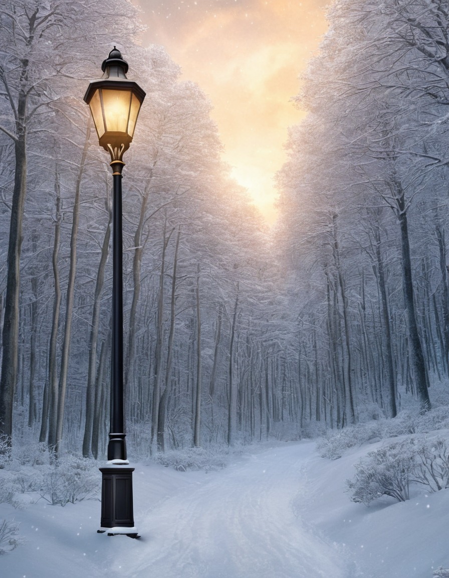 the lion, the witch and the wardrobe, c.s. lewis, fantasy, magical, wardrobe, snowy forest, lamppost, books