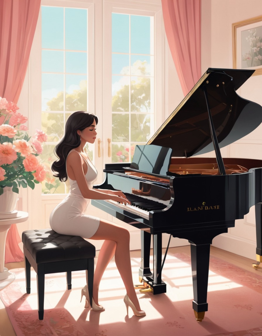 music, piano, girl, flowers, sunlight