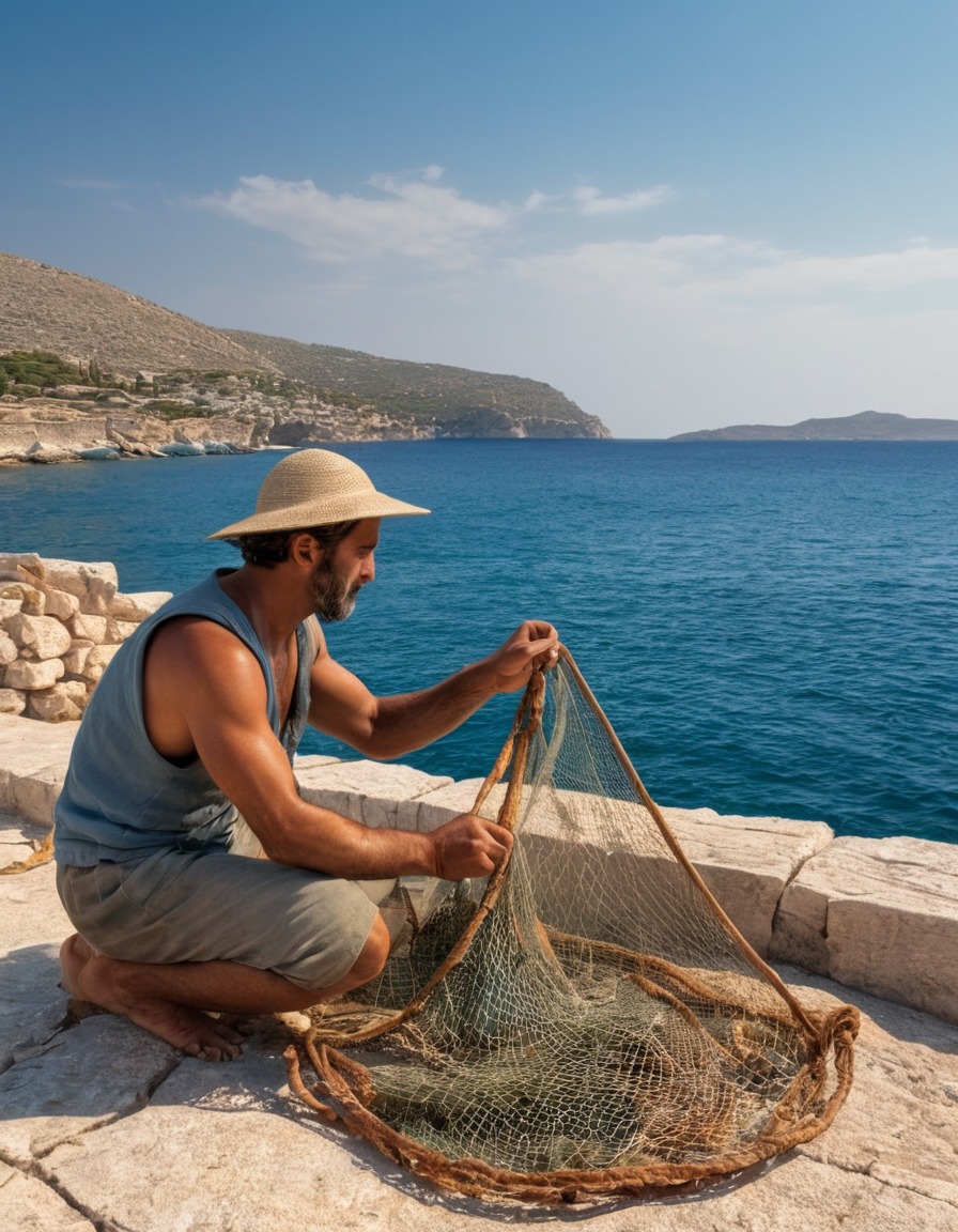 ancient greek culture, fisherman, net mending, seaside, ancient greece, 300 bc, daily life