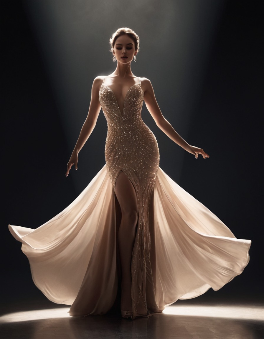 sultry, woman, dancing, gown, spotlight