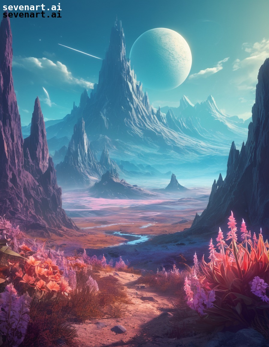 surreal, landscape, distant planet, towering mountains, glowing flora, space, stars