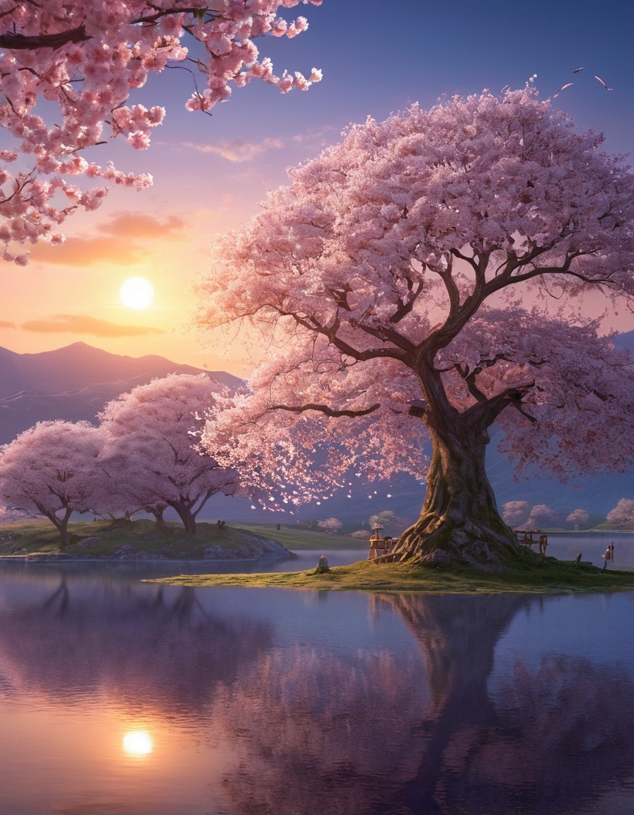 sunset, lake, jorogumo, mythical creature, cherry blossom trees, illustration