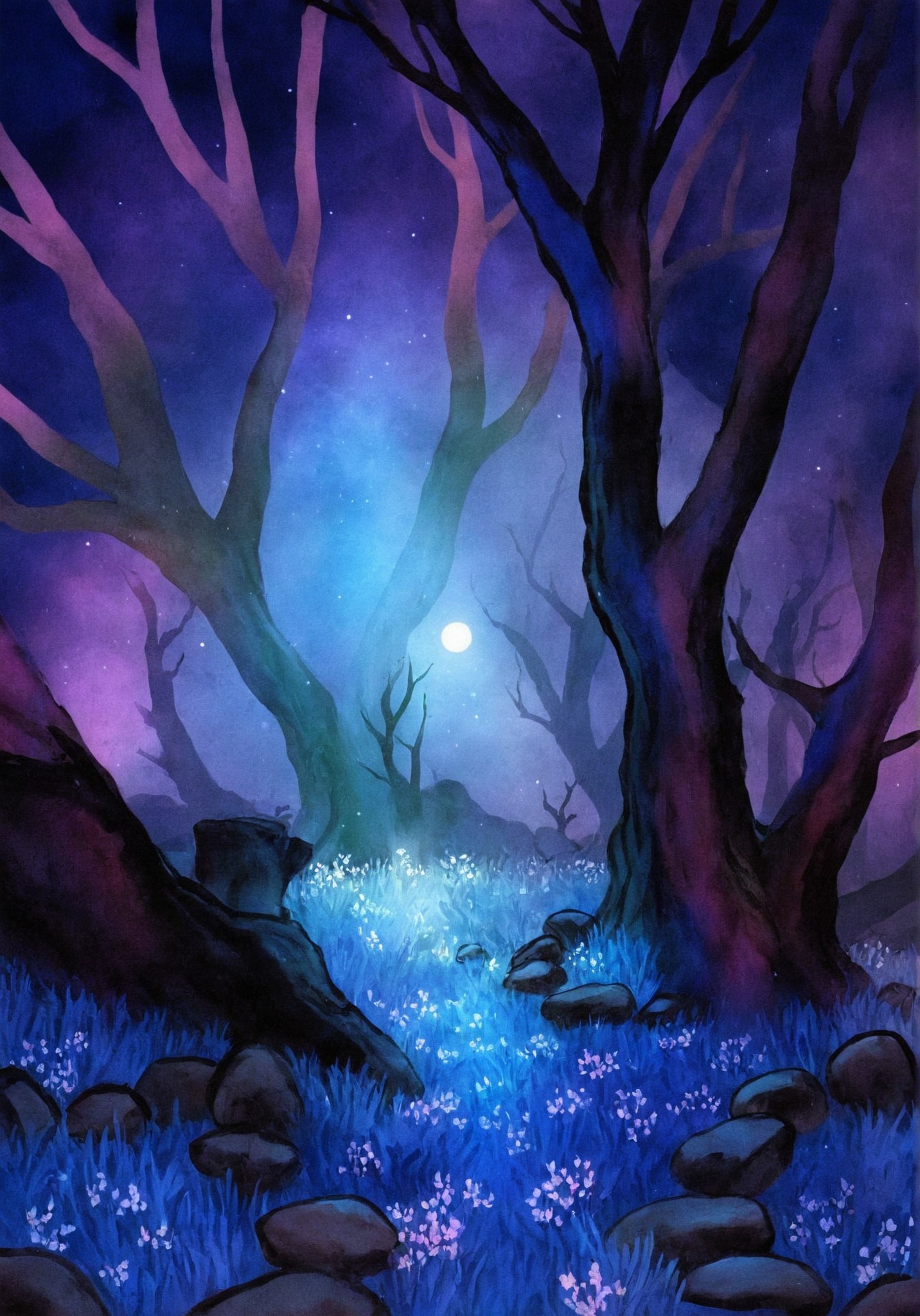 art, my art, artwork, artists on tumblr, concept art, illustration, paint, painting, draw, drawing, watercolor, watercolour, gouache, markers, landscape, surreal, fantasy ambient, fantasy, ambient, folklore, nature, night, forest, woods, magic, colorful