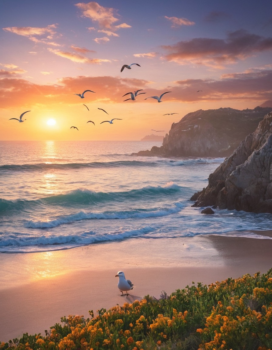 sunset, coastal, peaceful, seagulls