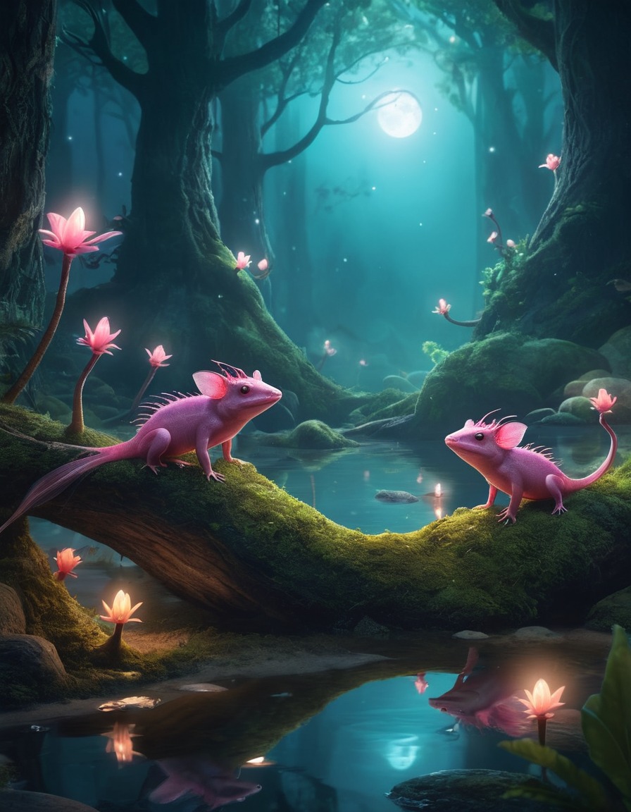 mystical, forest, axolotl, creatures, moonlight