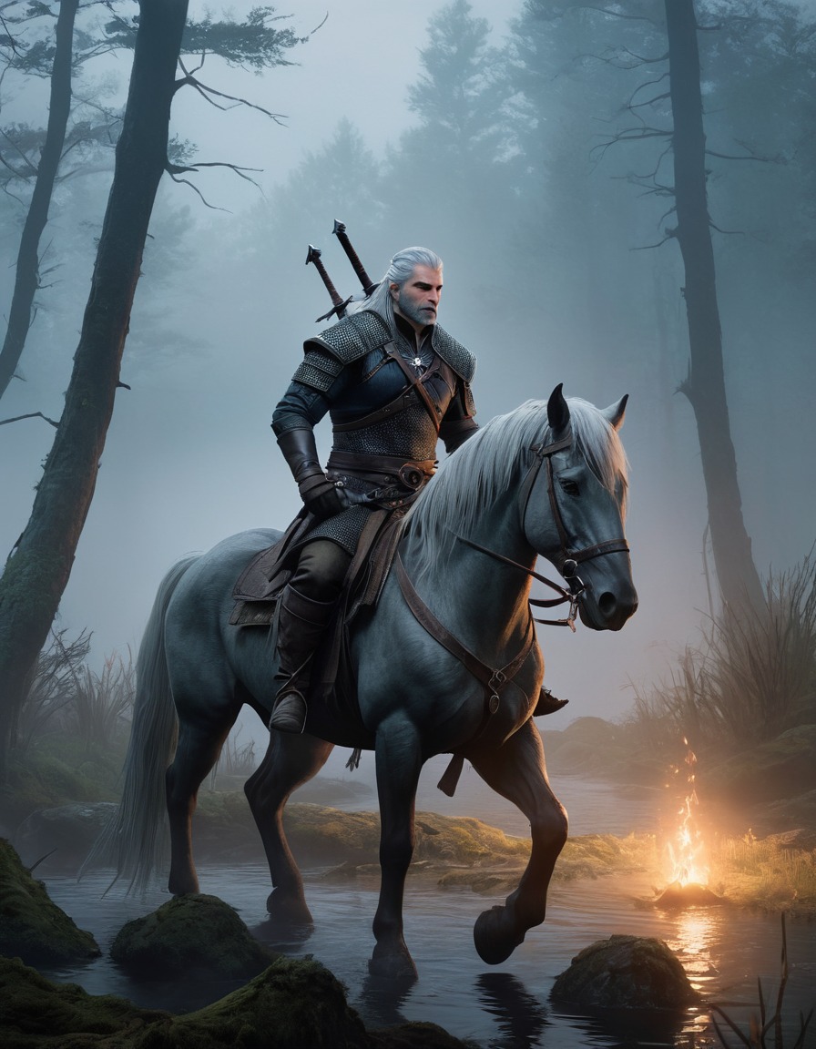 geralt of rivia, monster-slaying, swamps, fantasy, warrior, foggy, dark, computer games