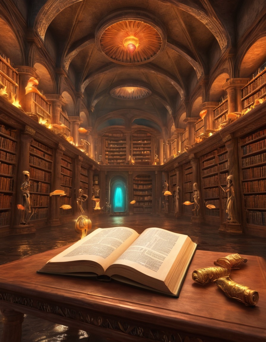 alien, library, glowing books, floating books, ancient knowledge, extraterrestrial, aliens