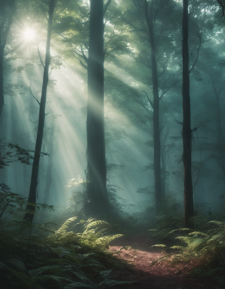 nature, mist, forest, sunlight, enchanting