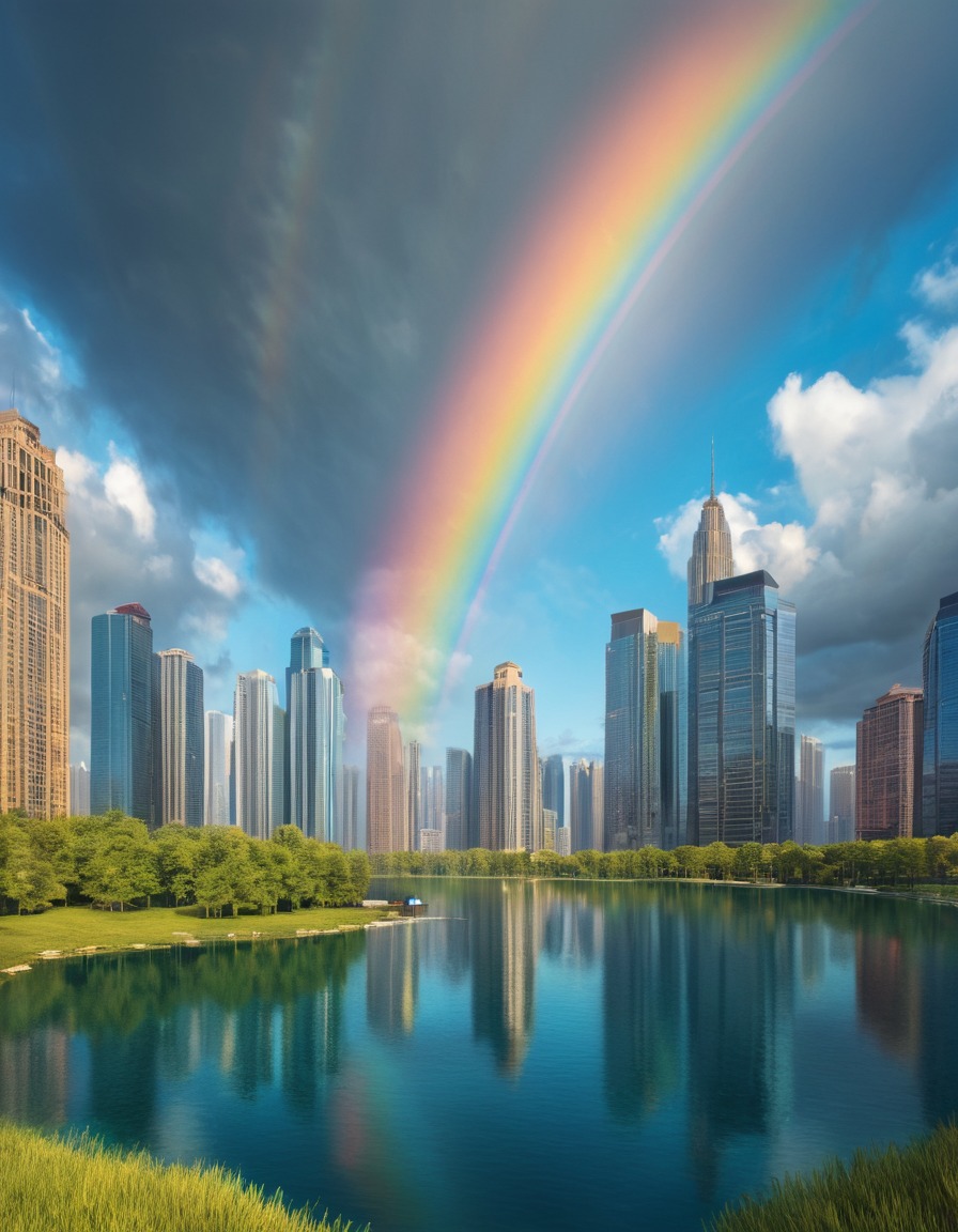 nature, urban, skyline, rainbow, city