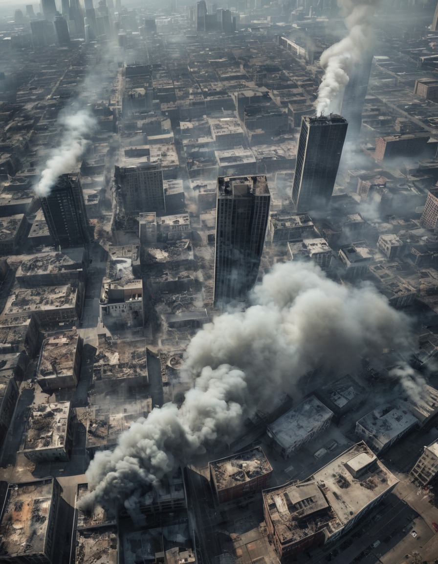 cityscape, aerial view, modern, american city, skyline, destruction, bombed buildings, war, usa