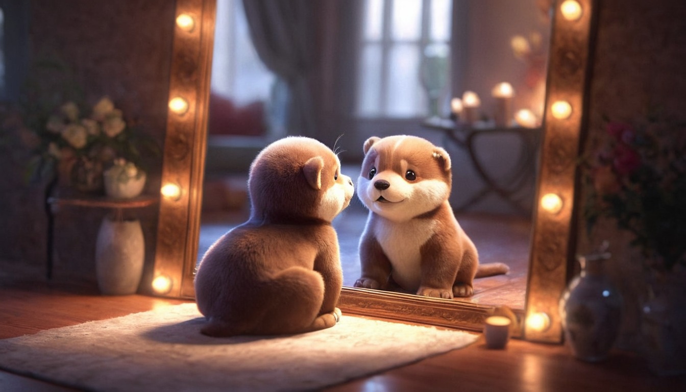 animal, cute, mirror, otter, rodent, sits, front