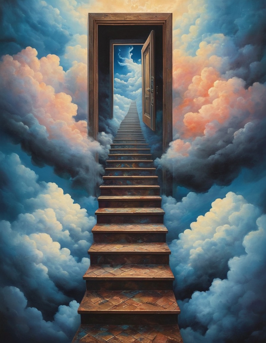 staircase, door, clouds, fantasy, surreal