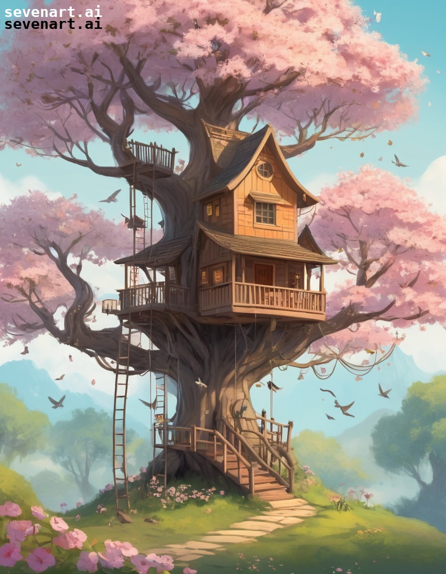 treehouse, nature, blooming, birds, whimsical, house, home