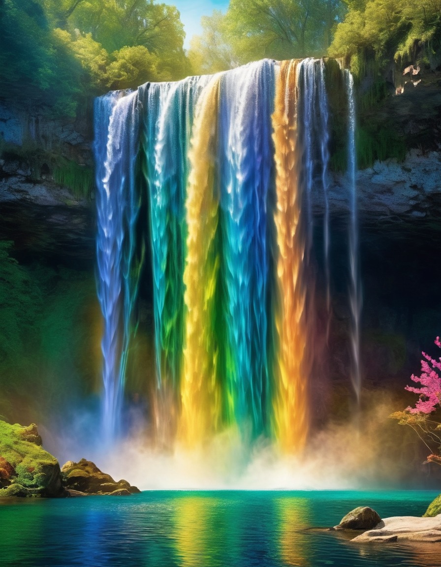 rainbow waterfall, sparkling lake, water nymphs, sprites, fantastic