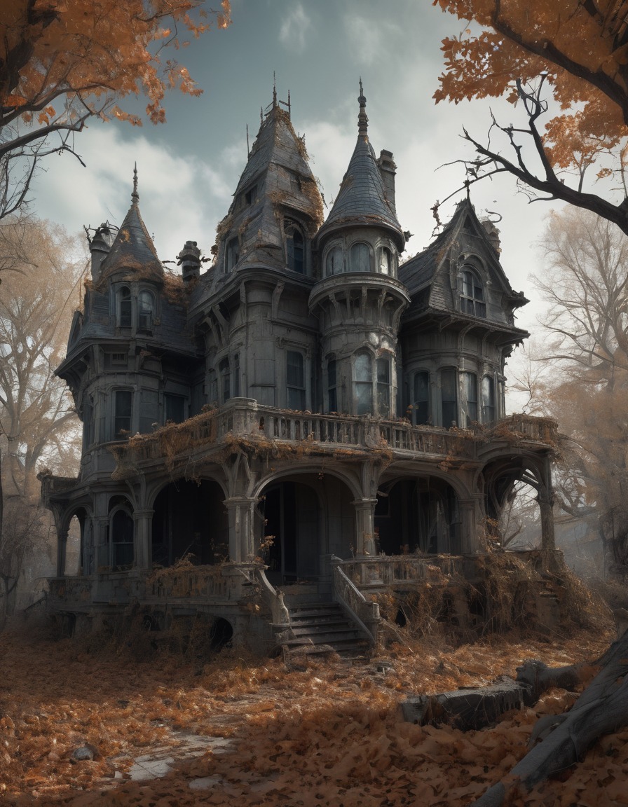 abandoned mansion, overgrown, turrets, gargoyles, boarded-up windows, fallen leaves, gothic, underground, dark