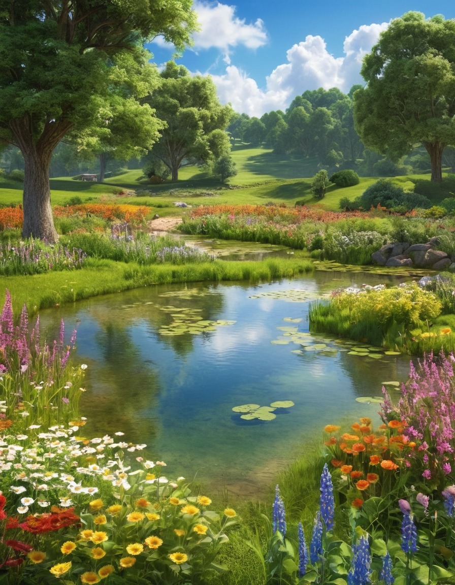 nature, farm pond, green fields, wildflowers