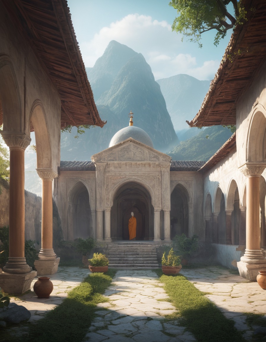 monastery, courtyard, serene, peaceful, meditation