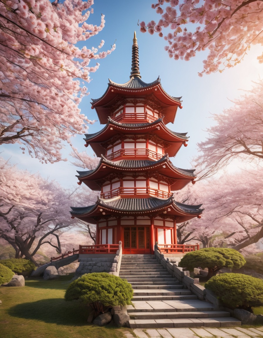 pagoda, cherry blossom, traditional, nature, spring