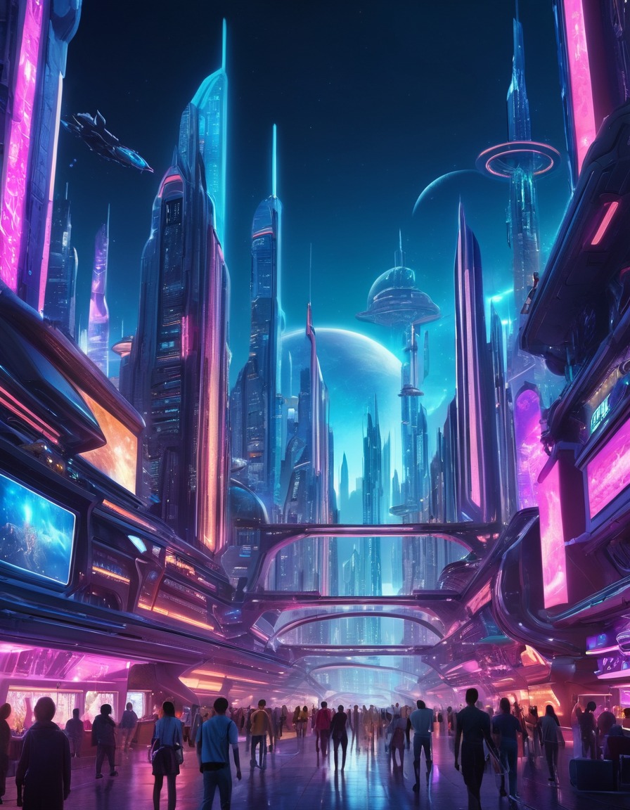 futuristic, space city, neon lights, space scene, sci-fi, urban, technology